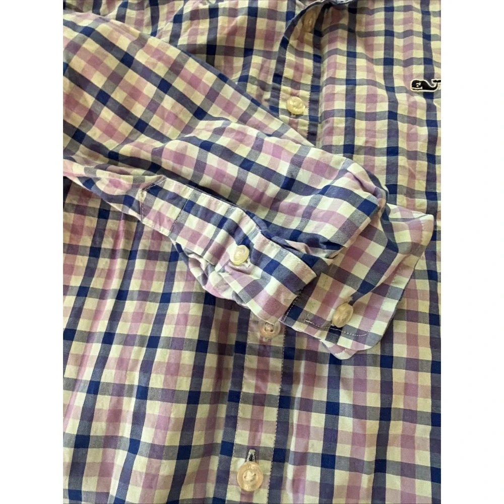 Vineyard Vines Whale Shirt Youth L Sz 16 Purple Check‎ Gingham Button Up Down